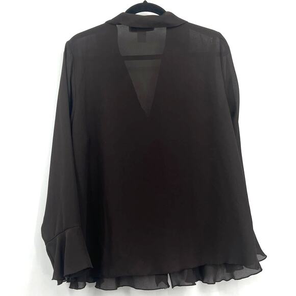 VTG Denim 24/7 Chocolate Brown Sheer Flowy Ruffle Button Up Lace Top Blouse 16W - Picture 2 of 9
